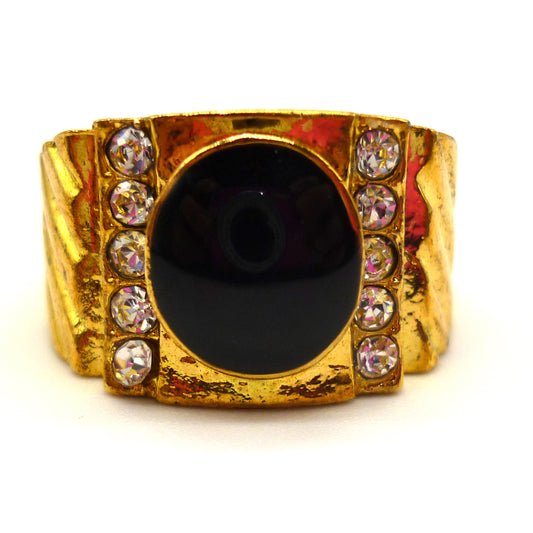 Costume Signet Ring Size 7.5, Gold Plated with Clear Stones