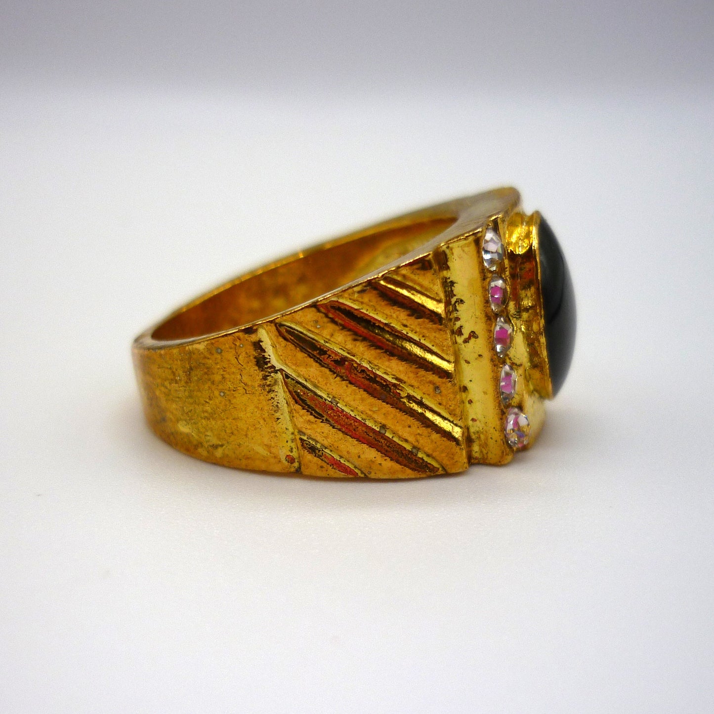 Costume Signet Ring Size 7.5, Gold Plated with Clear Stones