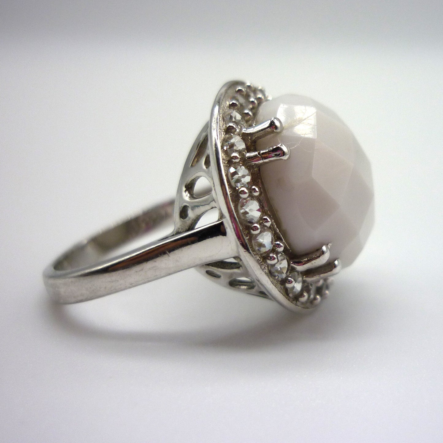 Silver Cocktail Ring with Large White Stone Size 5.75