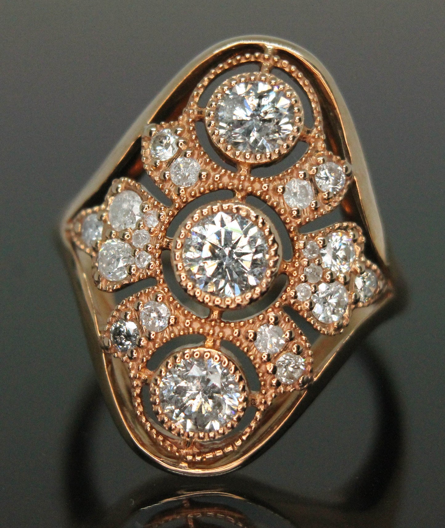 Art Deco 1ct Diamond Shield Ring: 14k Rose Gold, Size 5.25