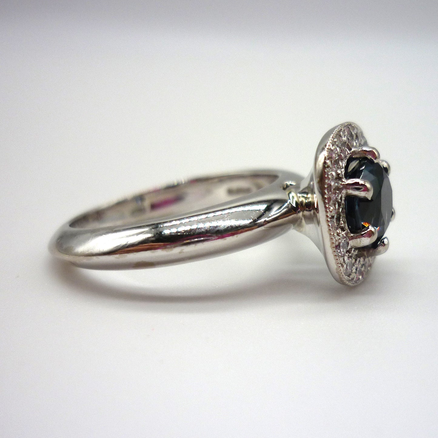 White Gold Sapphire Ring with Diamond Halo in Size 5.5