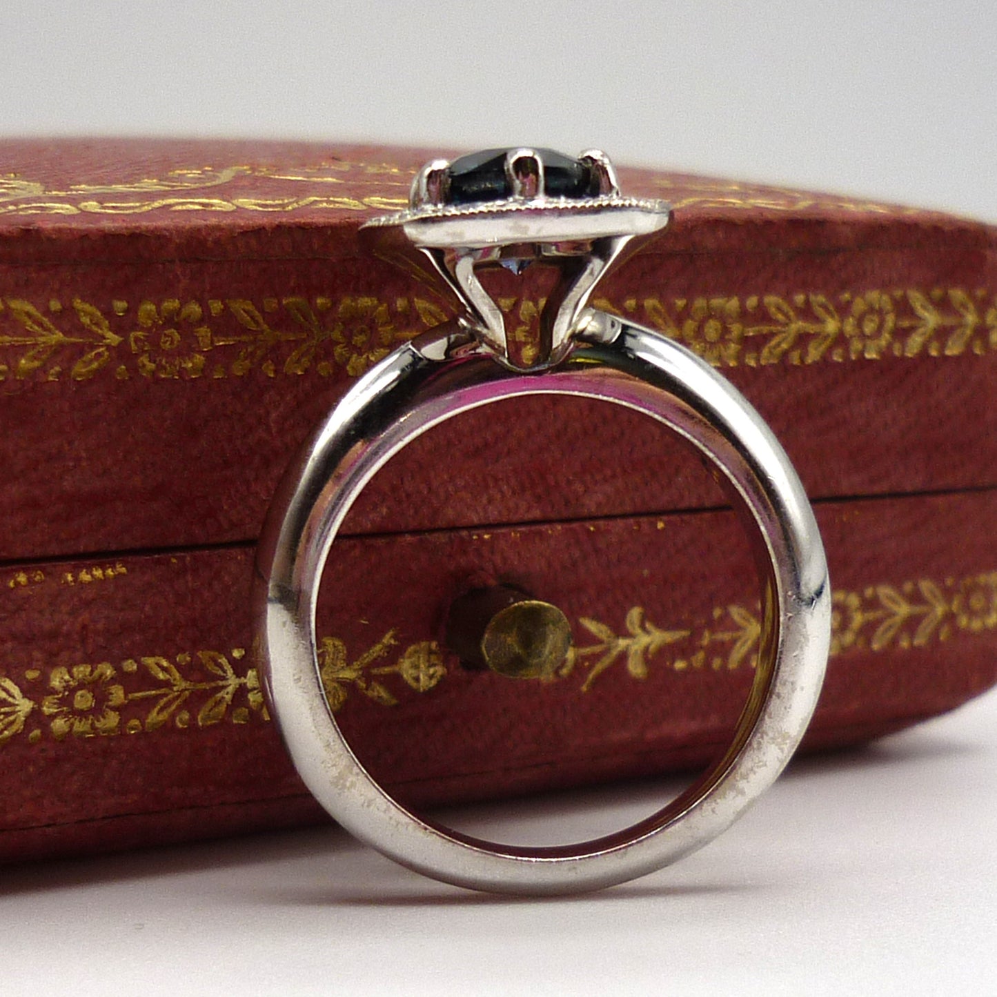 White Gold Sapphire Ring with Diamond Halo in Size 5.5