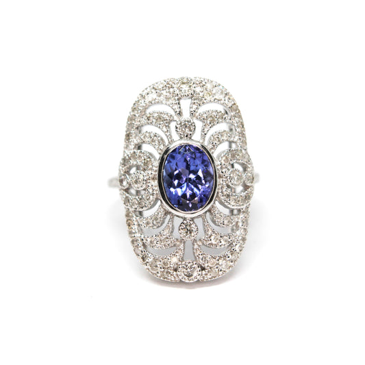 Art Deco Sapphire Diamond Ring: 18k White Gold Filigree, Size 4.5