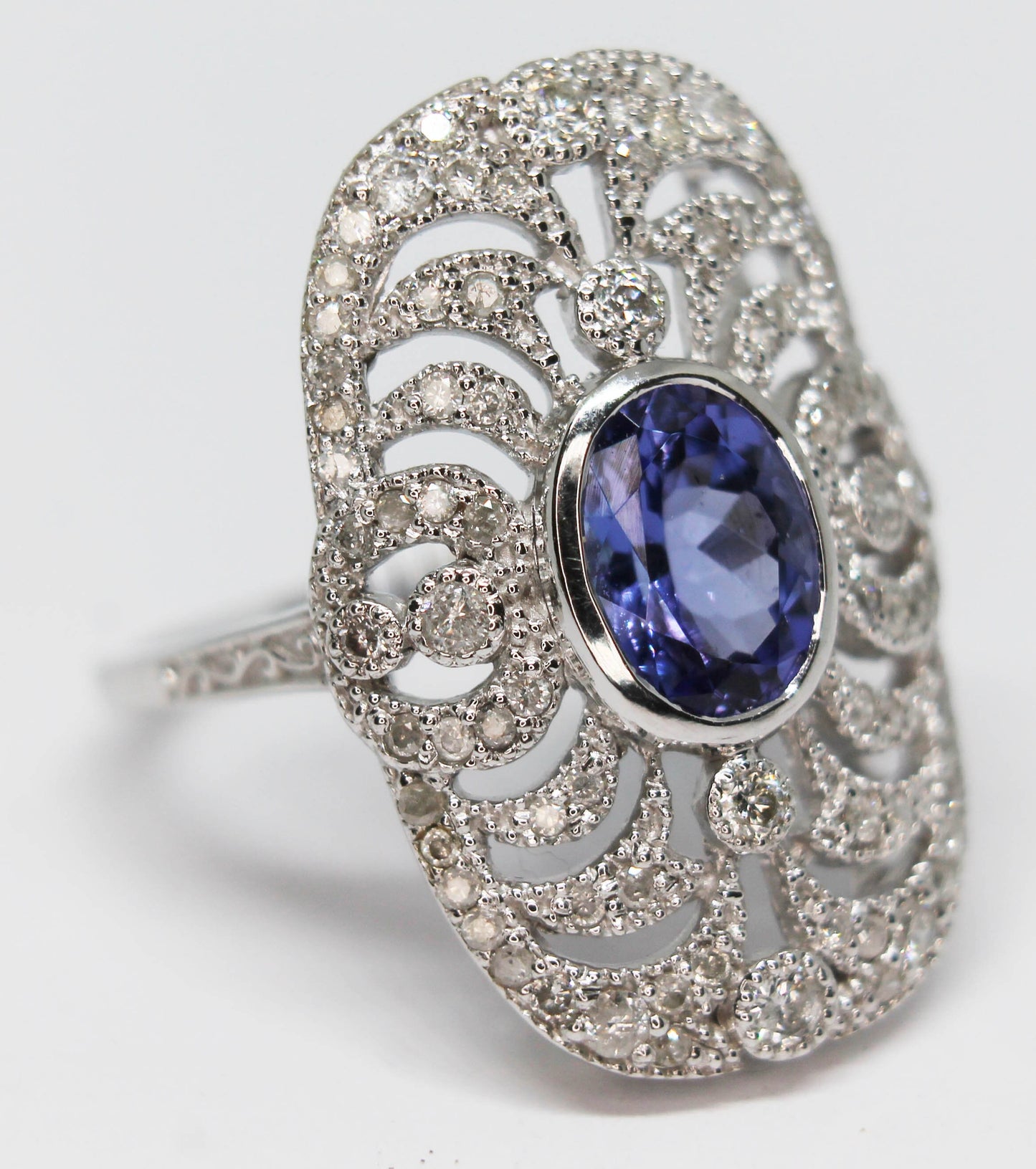 Art Deco Sapphire Diamond Ring: 18k White Gold Filigree, Size 4.5