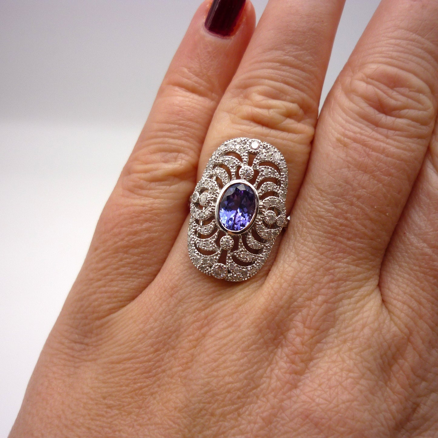 Art Deco Sapphire Diamond Ring: 18k White Gold Filigree, Size 4.5