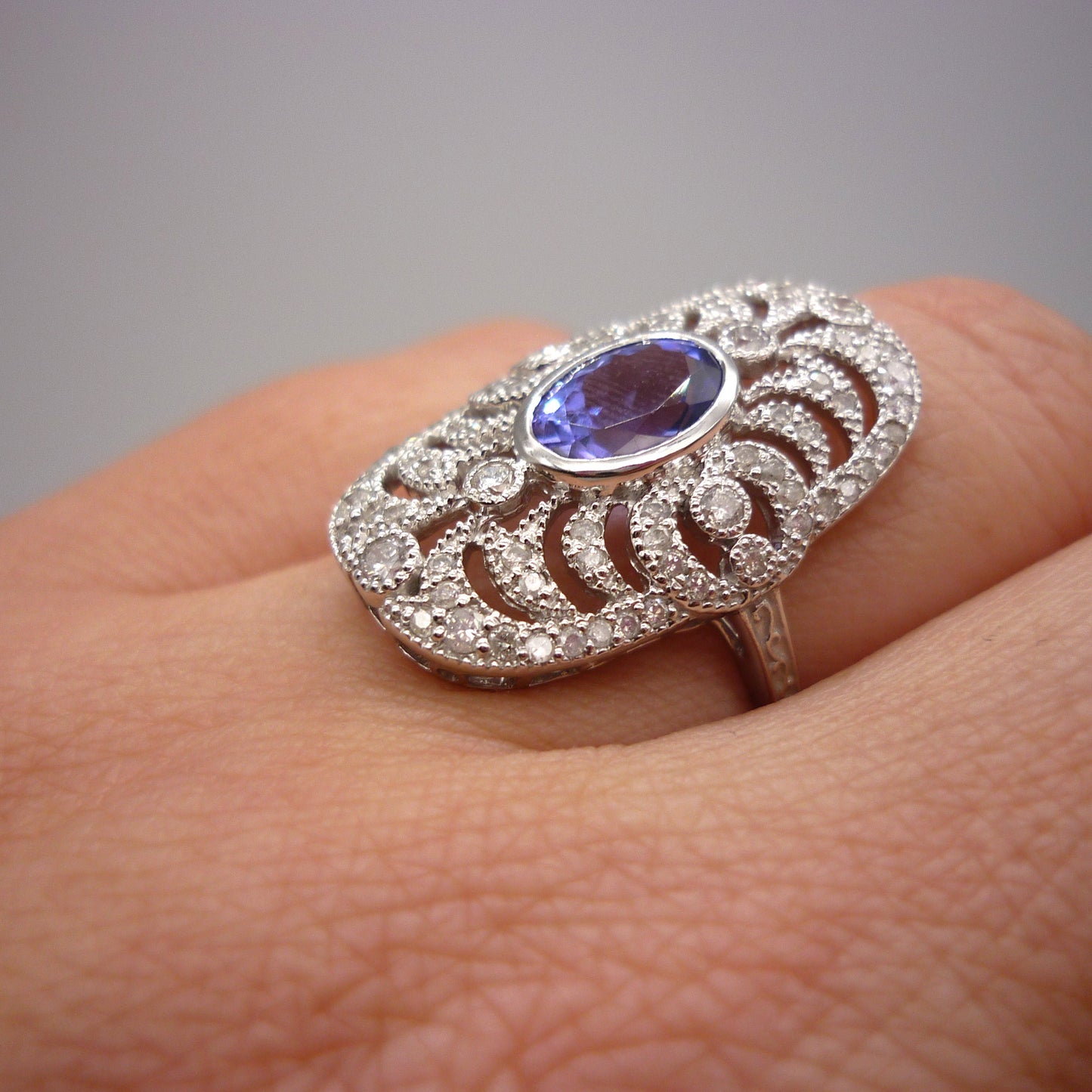 Art Deco Sapphire Diamond Ring: 18k White Gold Filigree, Size 4.5