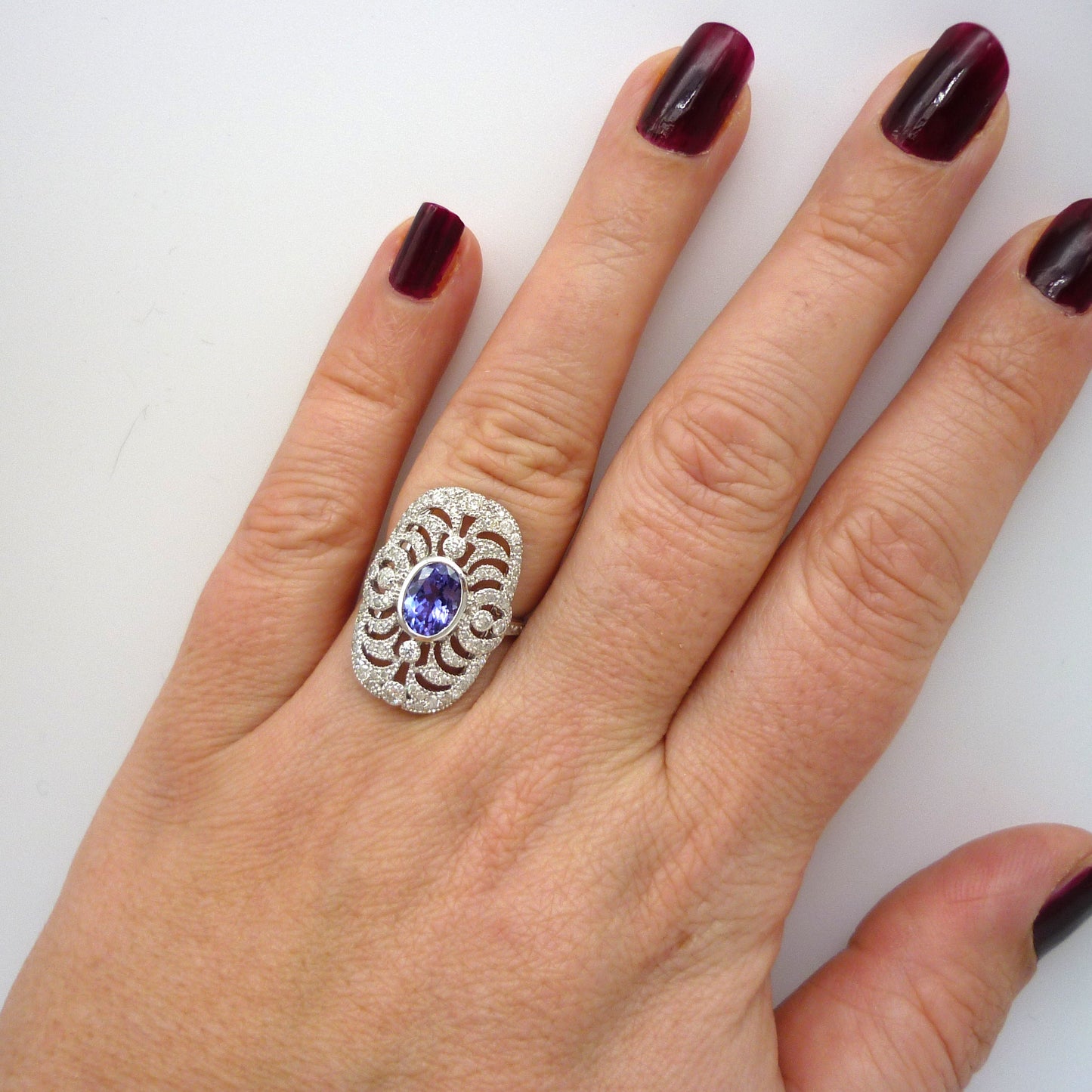 Art Deco Sapphire Diamond Ring: 18k White Gold Filigree, Size 4.5