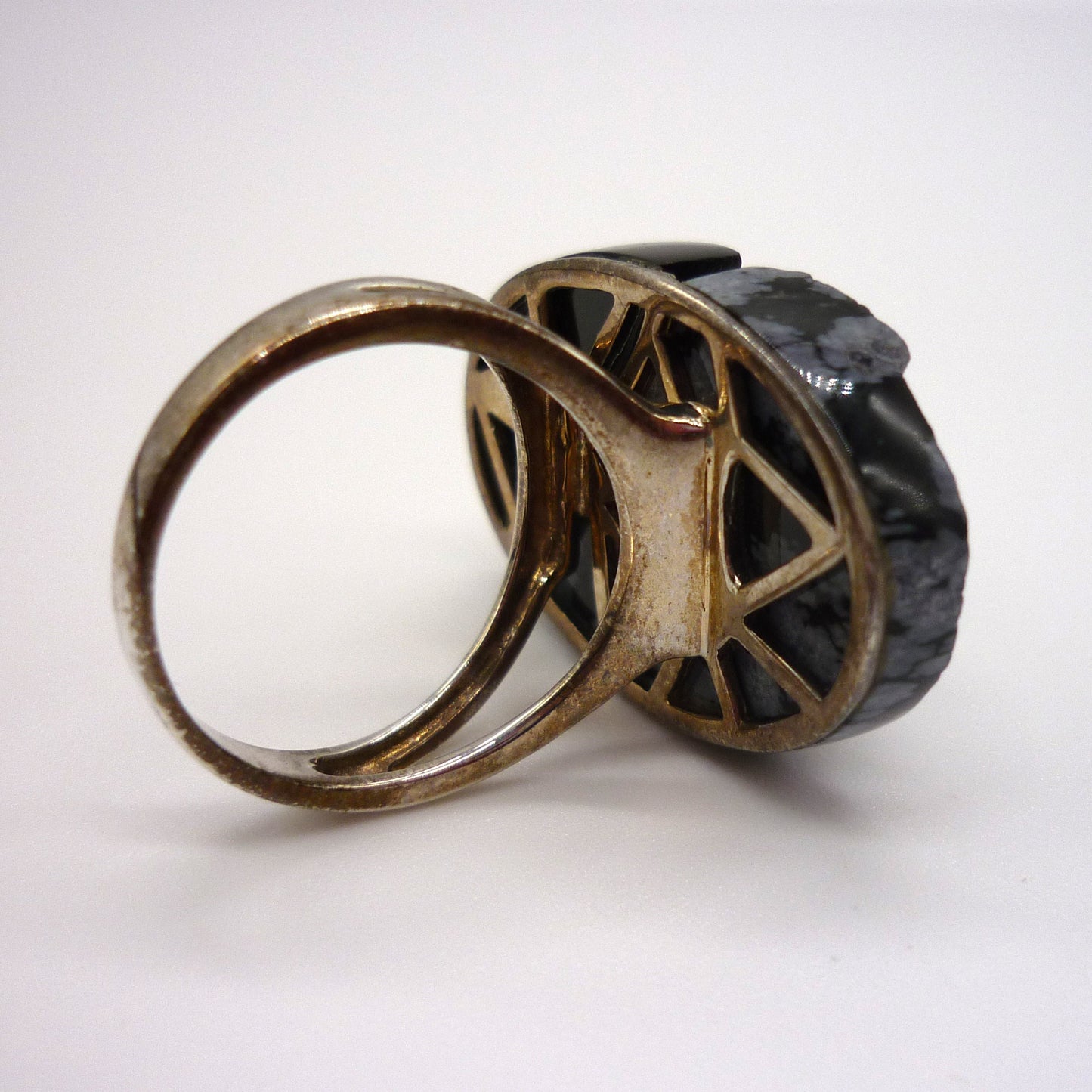 Oversized Black Jasper & Snowflake Jasper Silver Ring - US Size 6.75