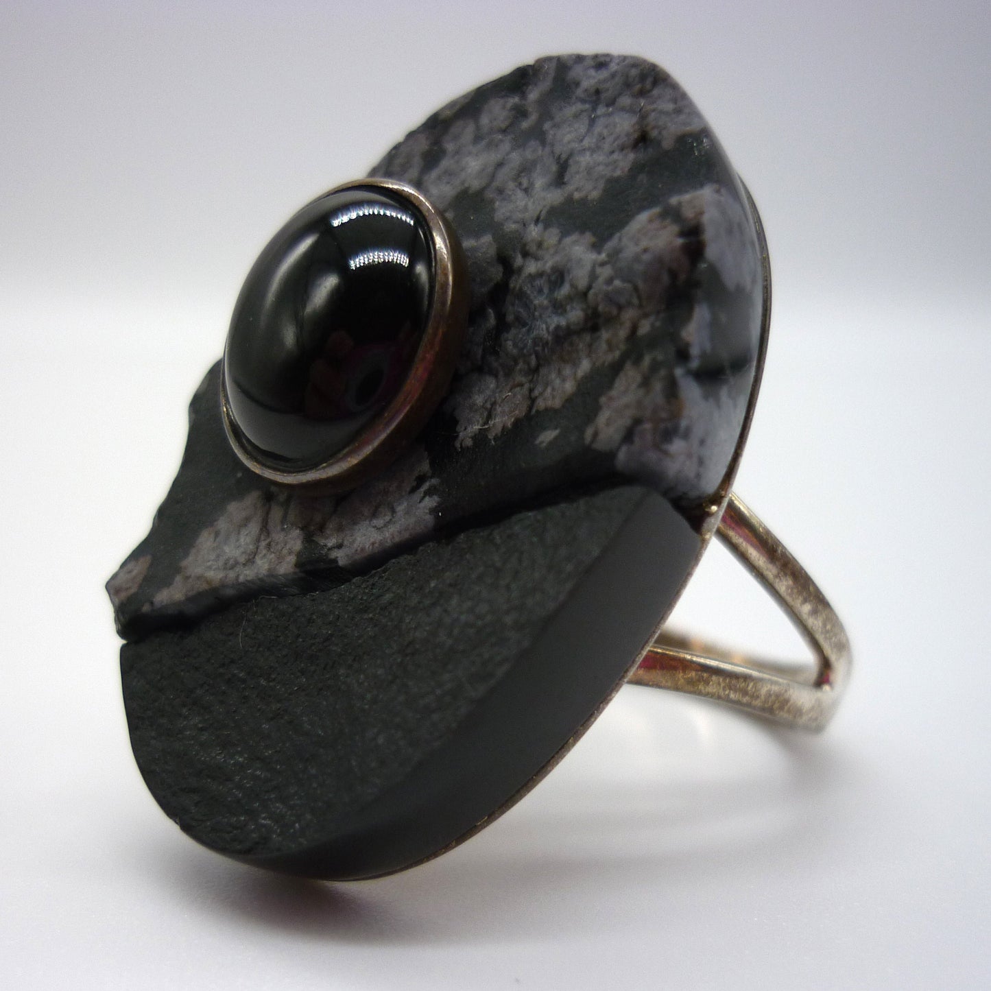 Oversized Black Jasper & Snowflake Jasper Silver Ring - US Size 6.75