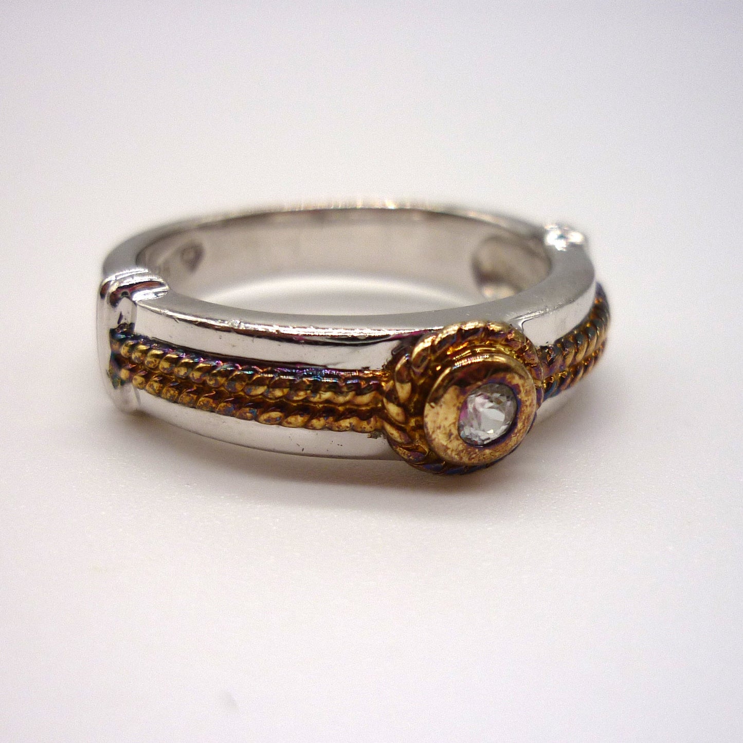 Sterling Silver Diamond Ring with Gold Braided Detail, Size 6.75
