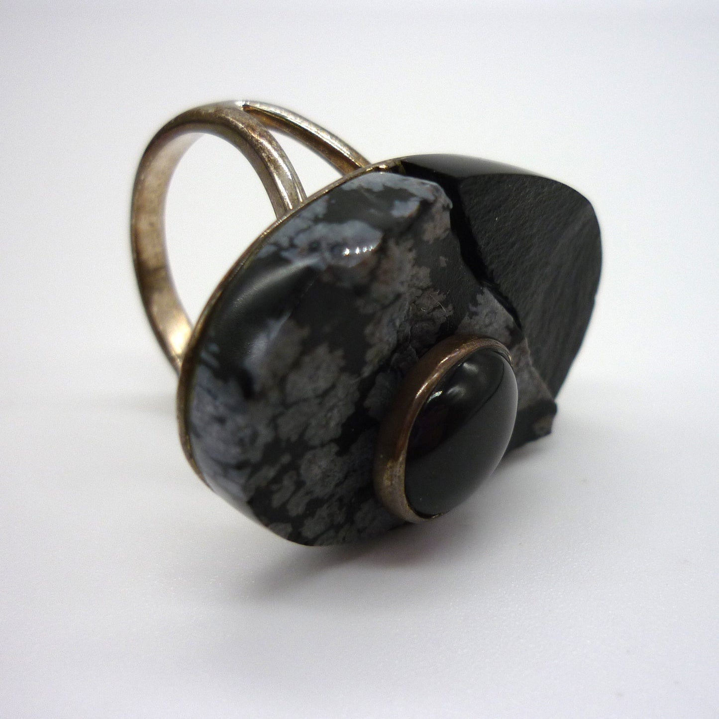 Oversized Black Jasper & Snowflake Jasper Silver Ring - US Size 6.75