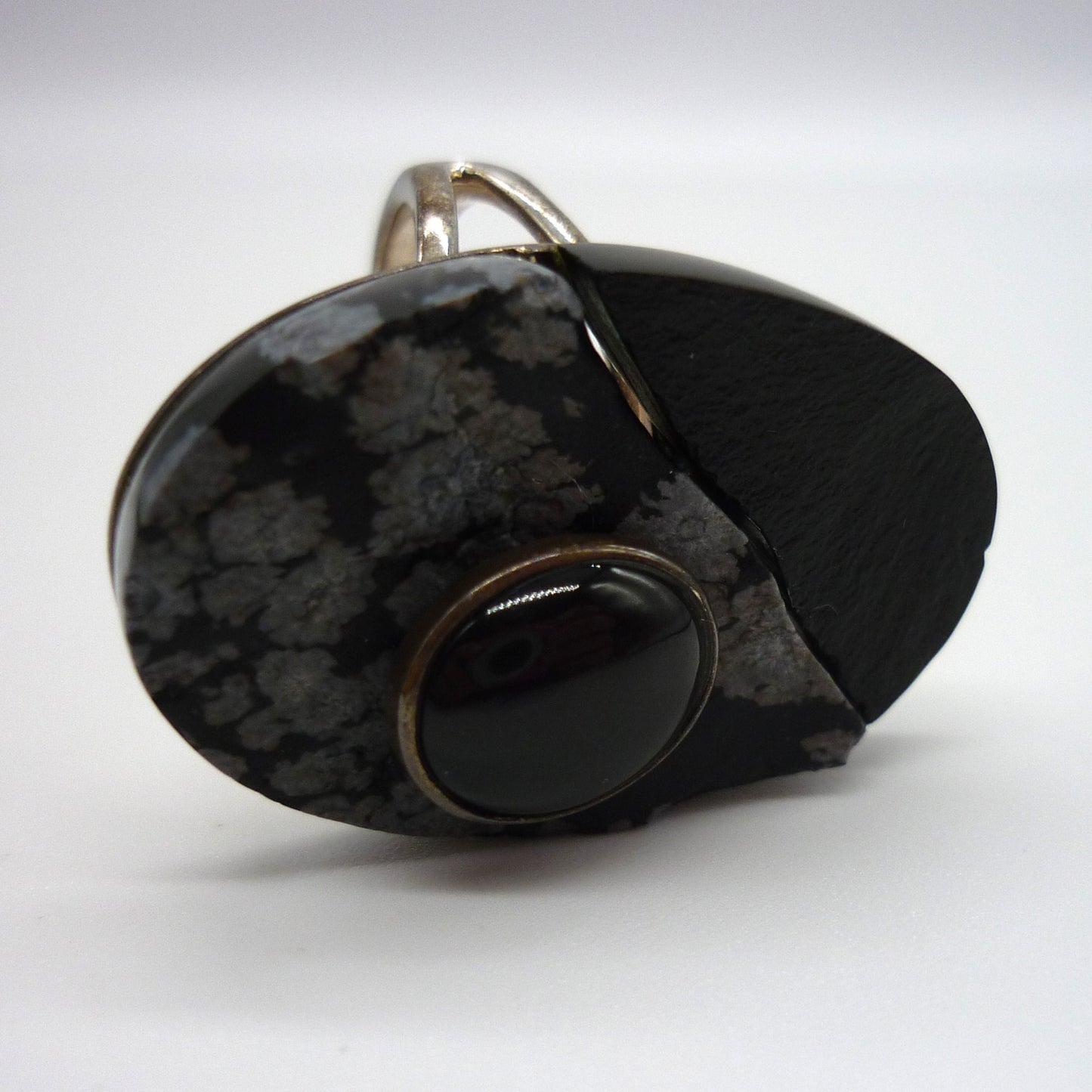 Oversized Black Jasper & Snowflake Jasper Silver Ring - US Size 6.75