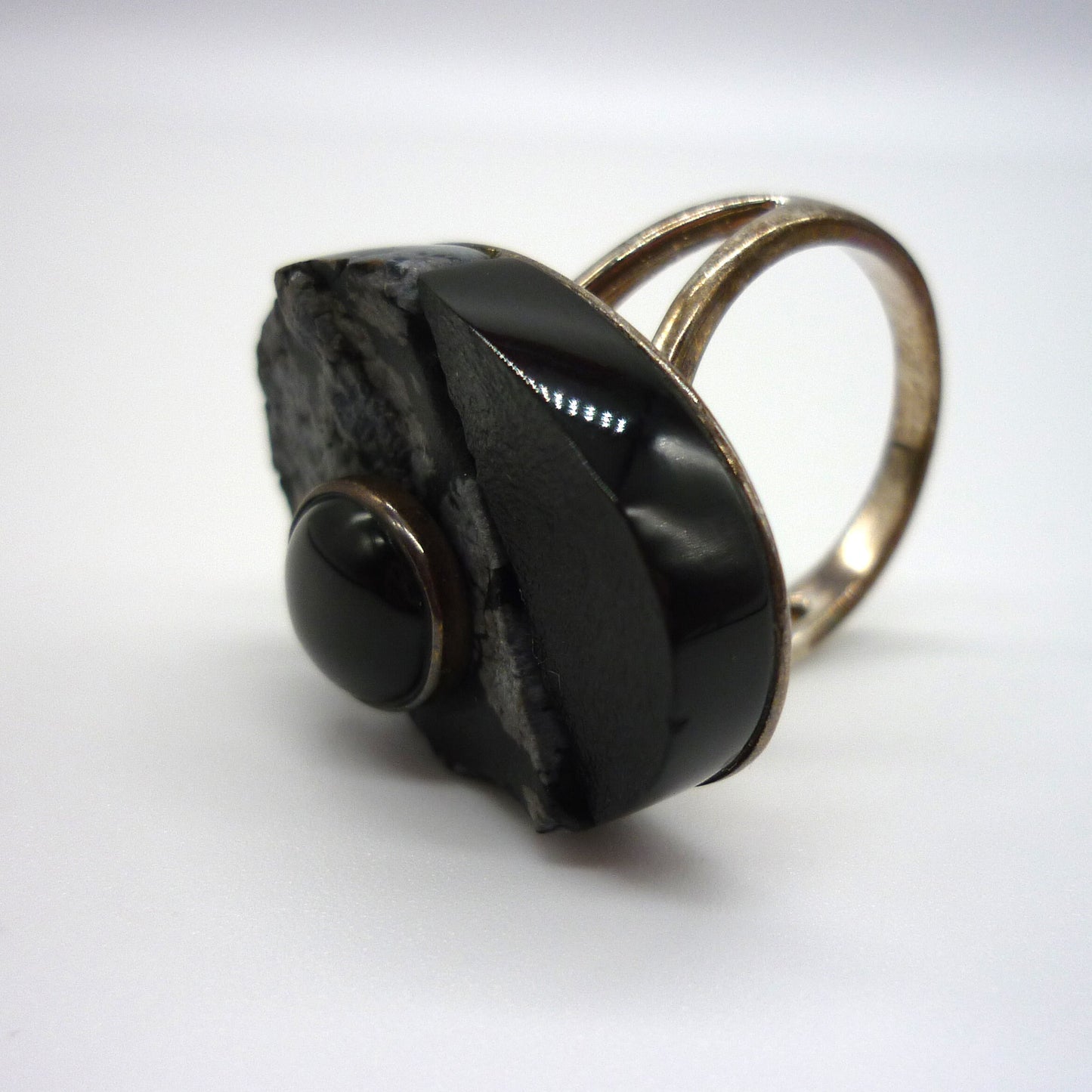 Oversized Black Jasper & Snowflake Jasper Silver Ring - US Size 6.75