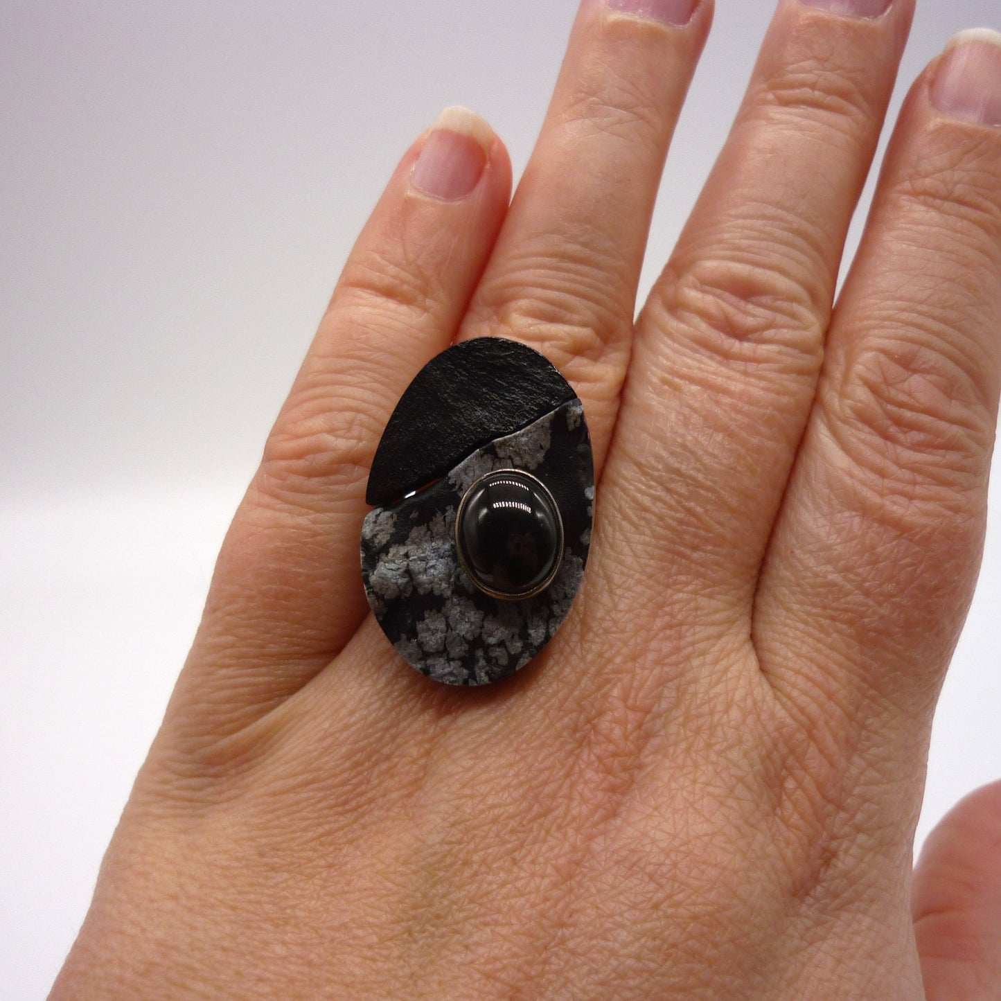 Oversized Black Jasper & Snowflake Jasper Silver Ring - US Size 6.75