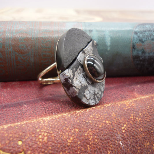 Oversized Black Jasper & Snowflake Jasper Silver Ring - US Size 6.75