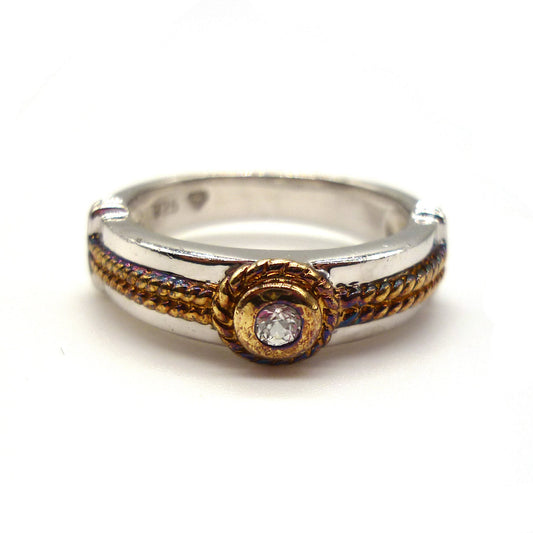 Sterling Silver Diamond Ring with Gold Braided Detail, Size 6.75