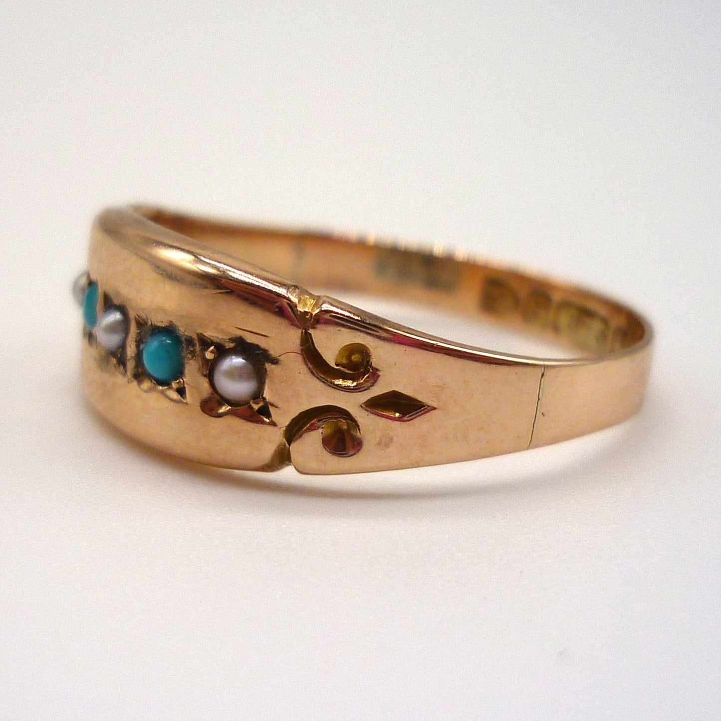 Victorian Pearl & Turquoise Ring Size 7, Chester Hallmark 1889