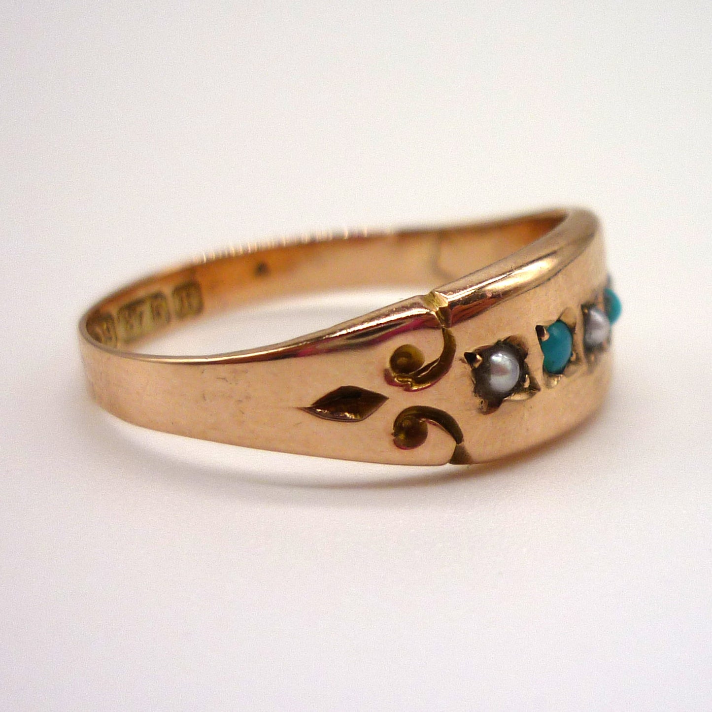 Victorian Pearl & Turquoise Ring Size 7, Chester Hallmark 1889