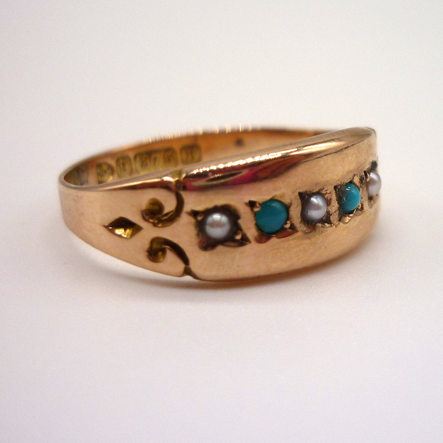 Victorian Pearl & Turquoise Ring Size 7, Chester Hallmark 1889