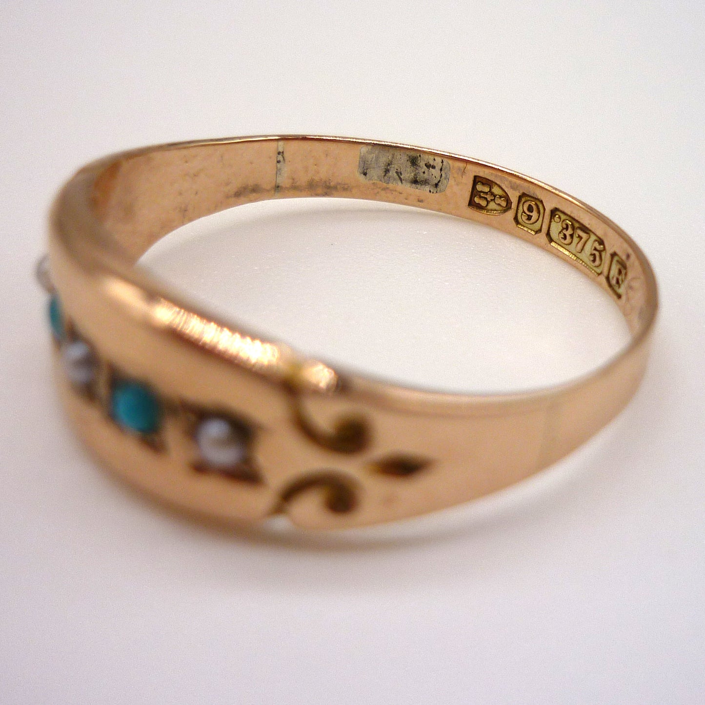 Victorian Pearl & Turquoise Ring Size 7, Chester Hallmark 1889