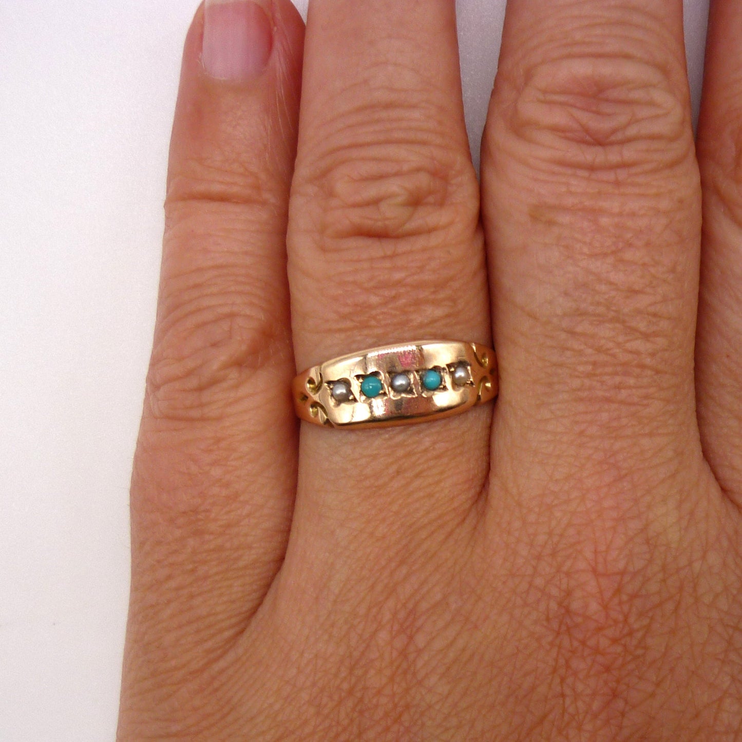 Victorian Pearl & Turquoise Ring Size 7, Chester Hallmark 1889