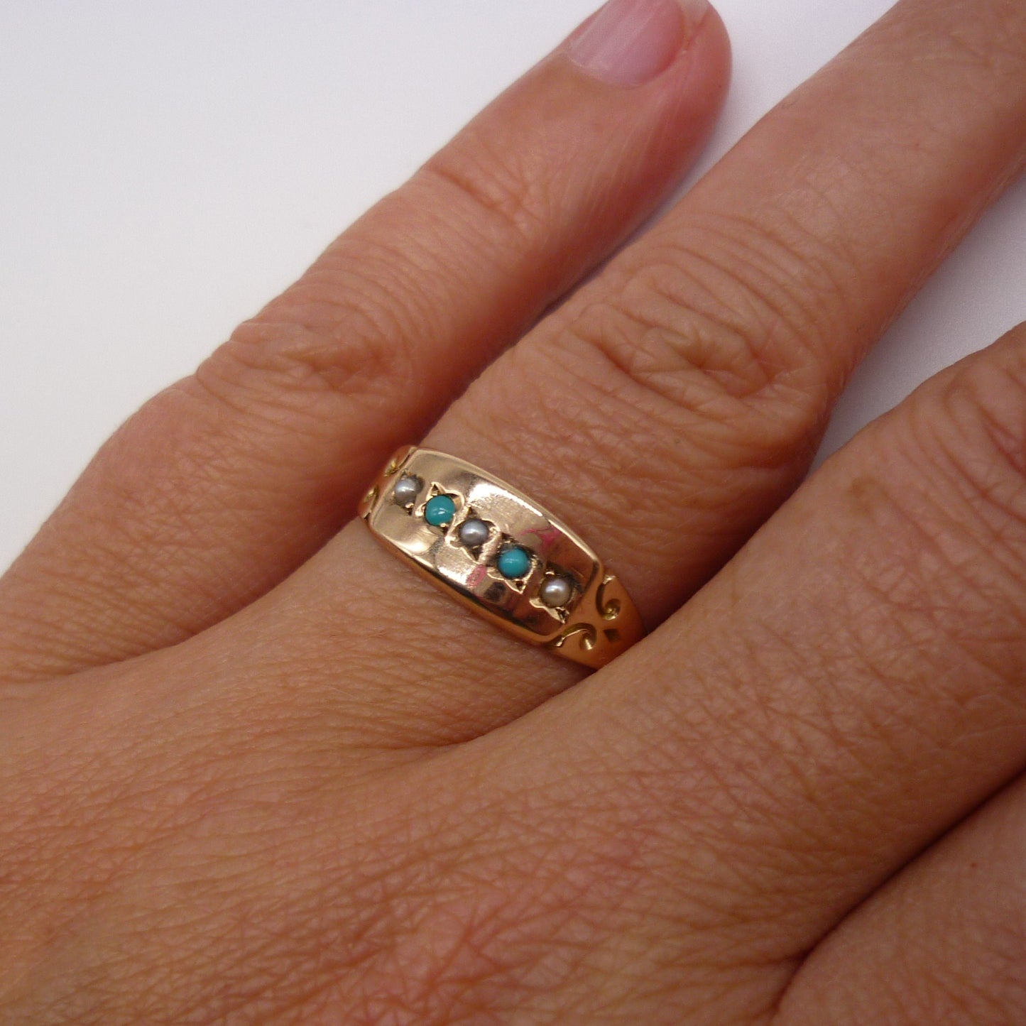 Victorian Pearl & Turquoise Ring Size 7, Chester Hallmark 1889