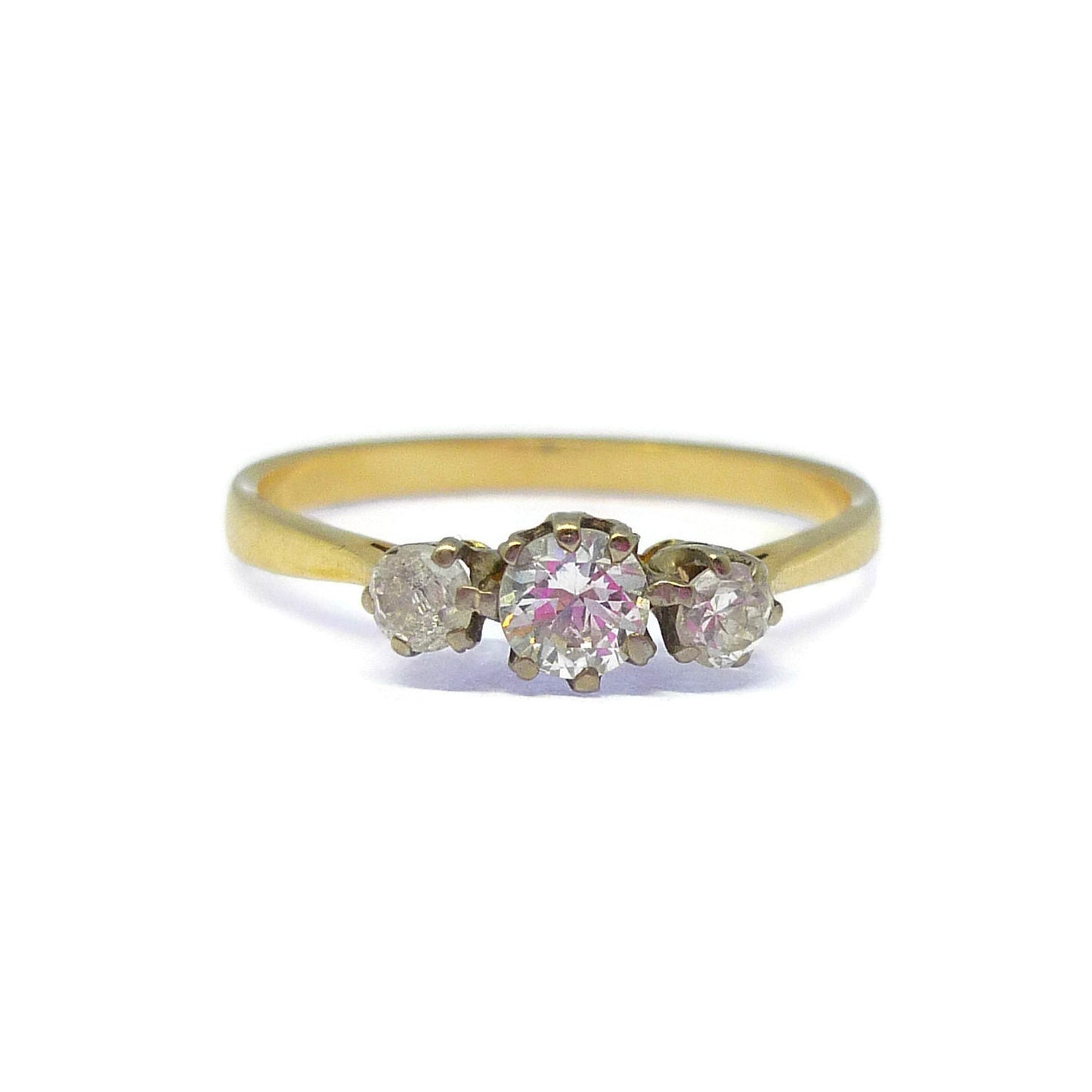 Diamond Trilogy Ring, Thin Gold Band Size 8.75 Size R