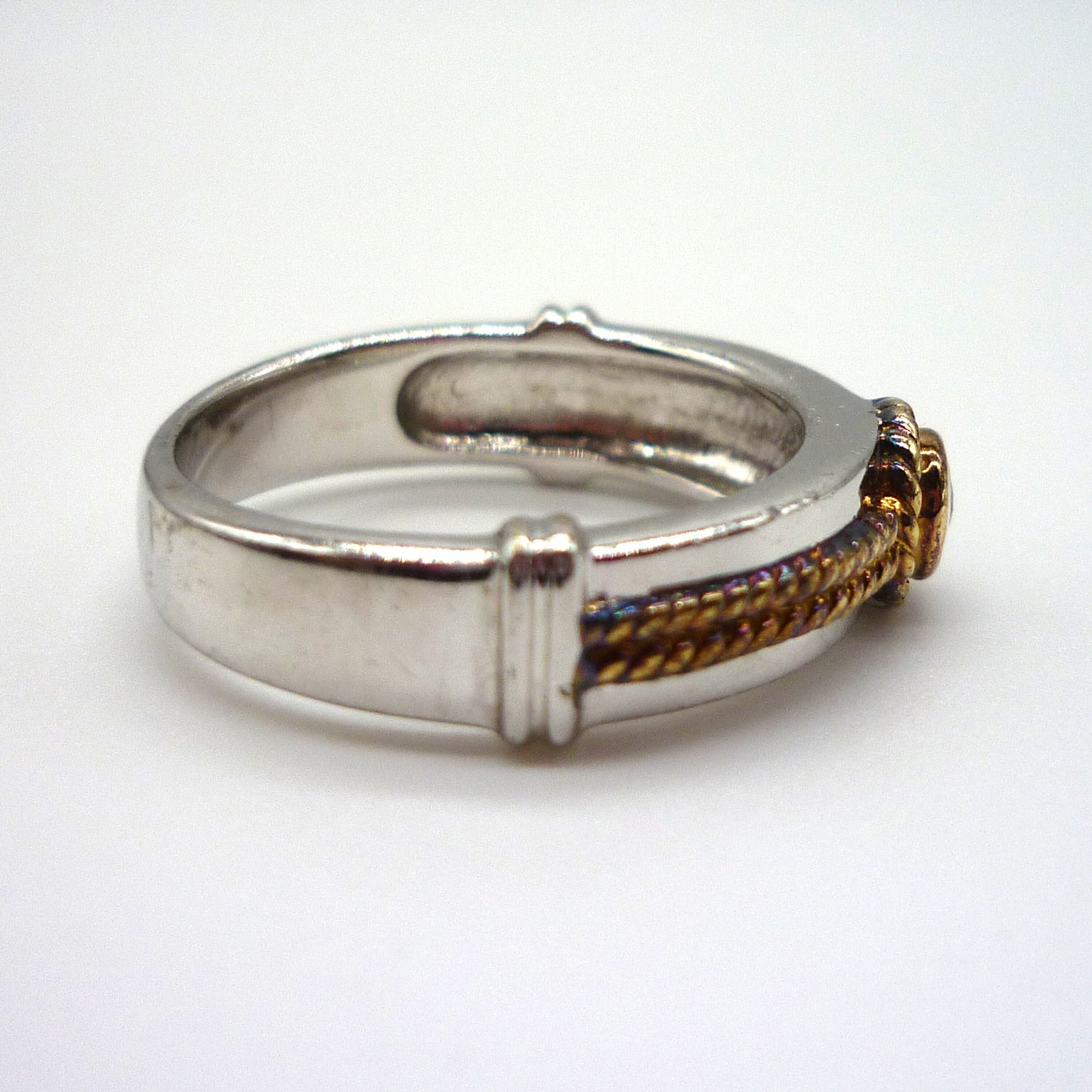 Sterling Silver Diamond Ring with Gold Braided Detail, Size 6.75