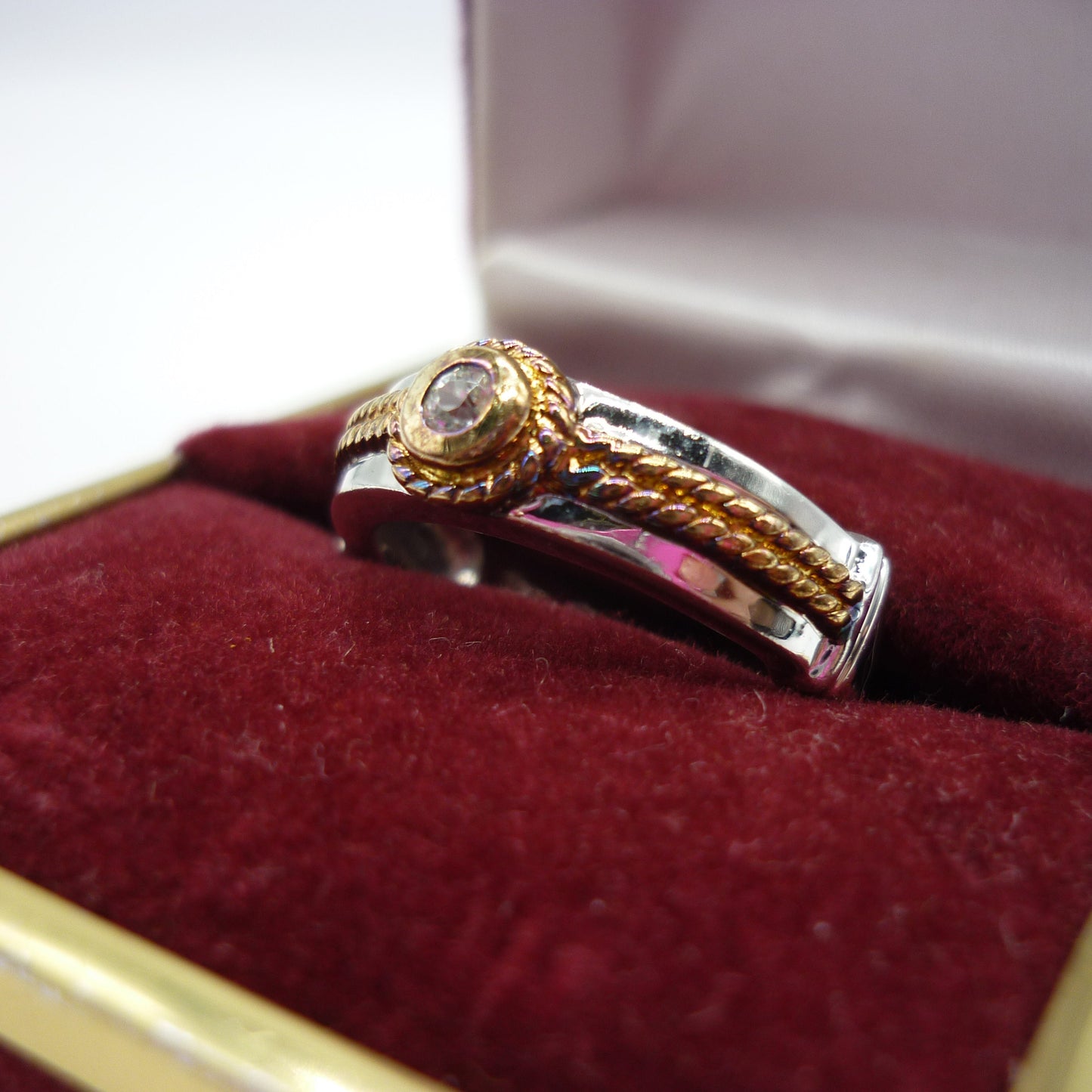 Sterling Silver Diamond Ring with Gold Braided Detail, Size 6.75