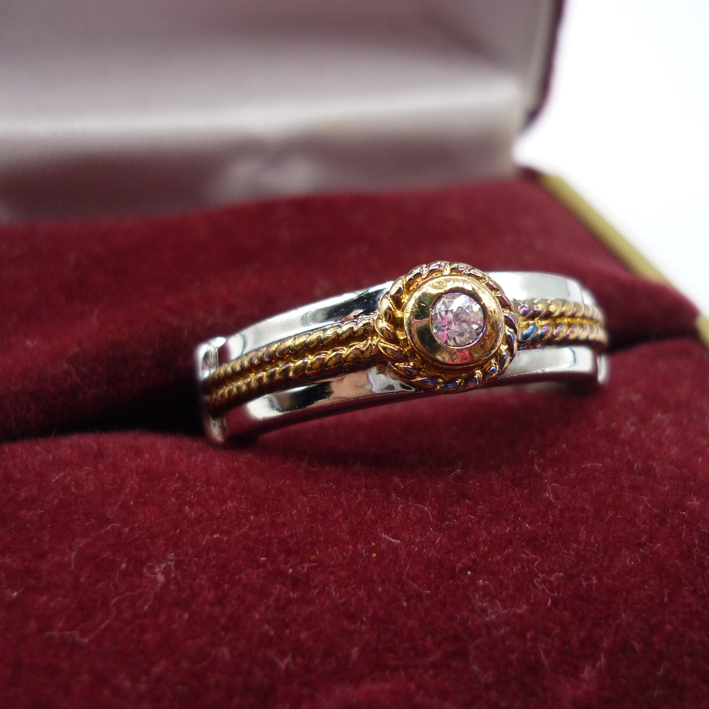 Sterling Silver Diamond Ring with Gold Braided Detail, Size 6.75