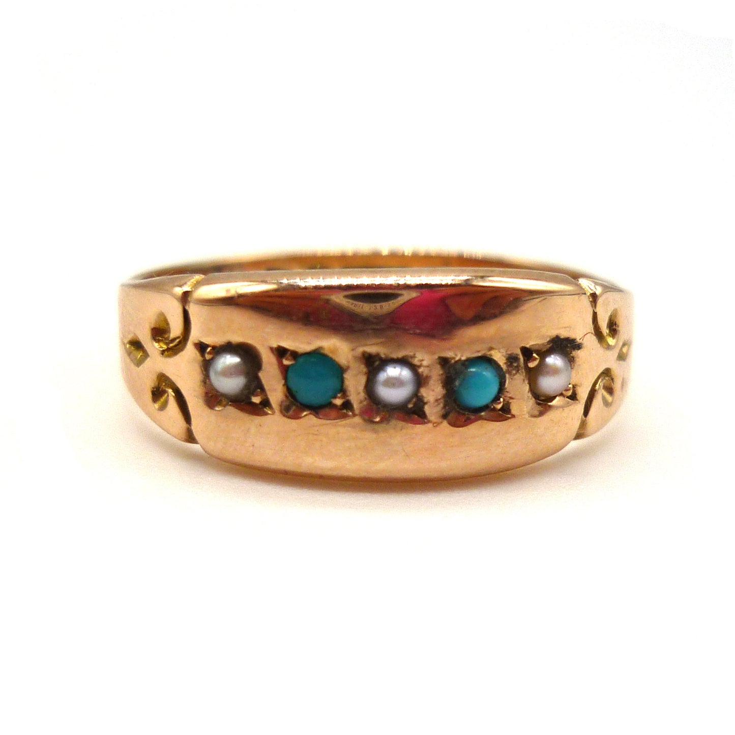 Victorian Pearl & Turquoise Ring Size 7, Chester Hallmark 1889