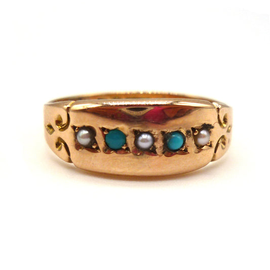 Victorian Pearl & Turquoise Ring Size 7, Chester Hallmark 1889