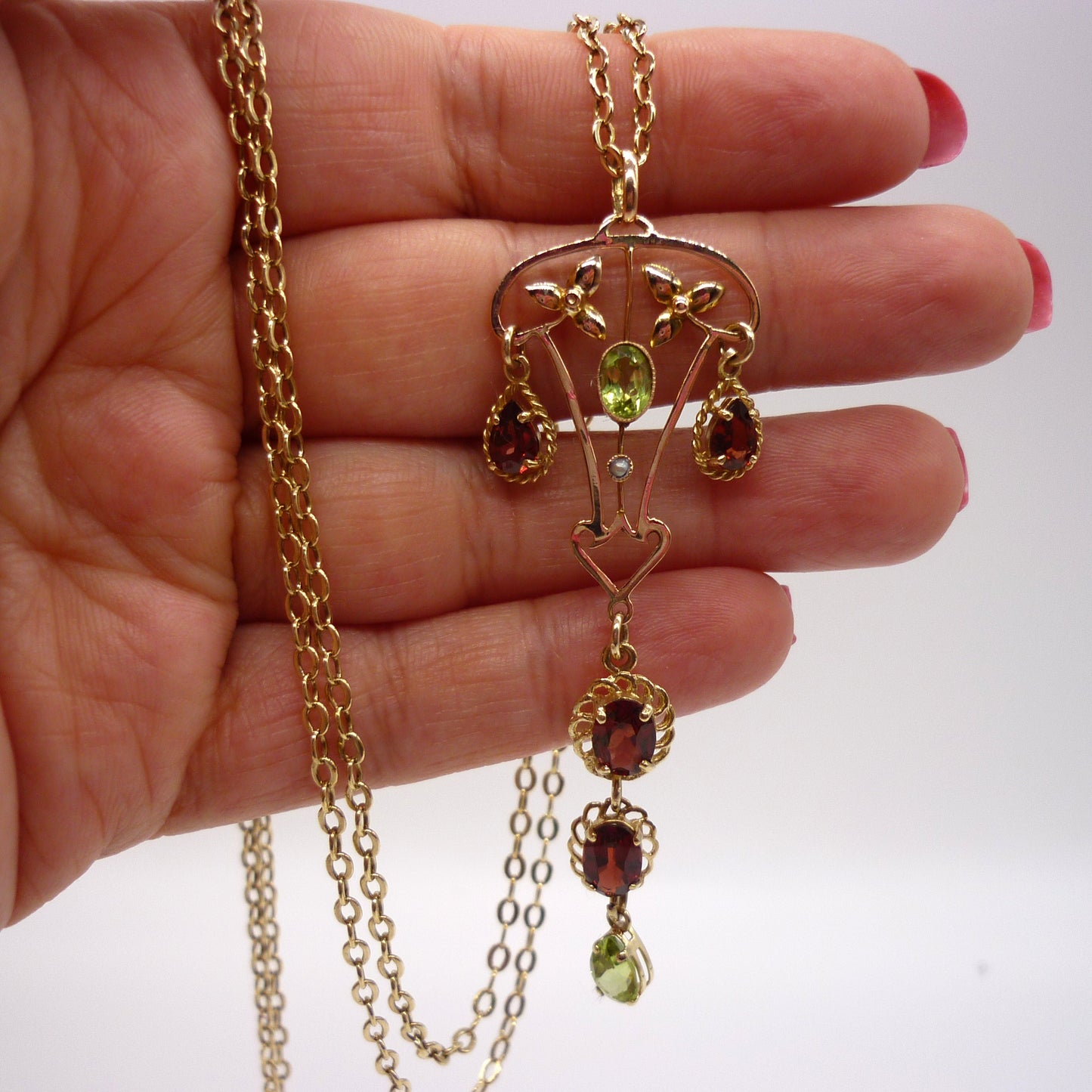 Antique Lavalier Pendant set with Garnets & Peridots on a Long Gold Belcher Chain