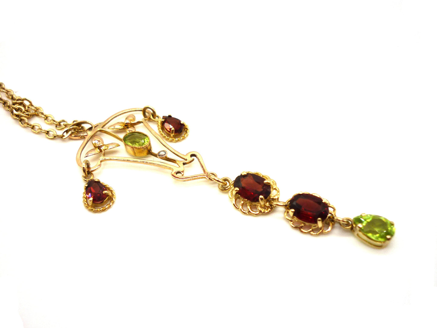 Antique Lavalier Pendant set with Garnets & Peridots on a Long Gold Belcher Chain