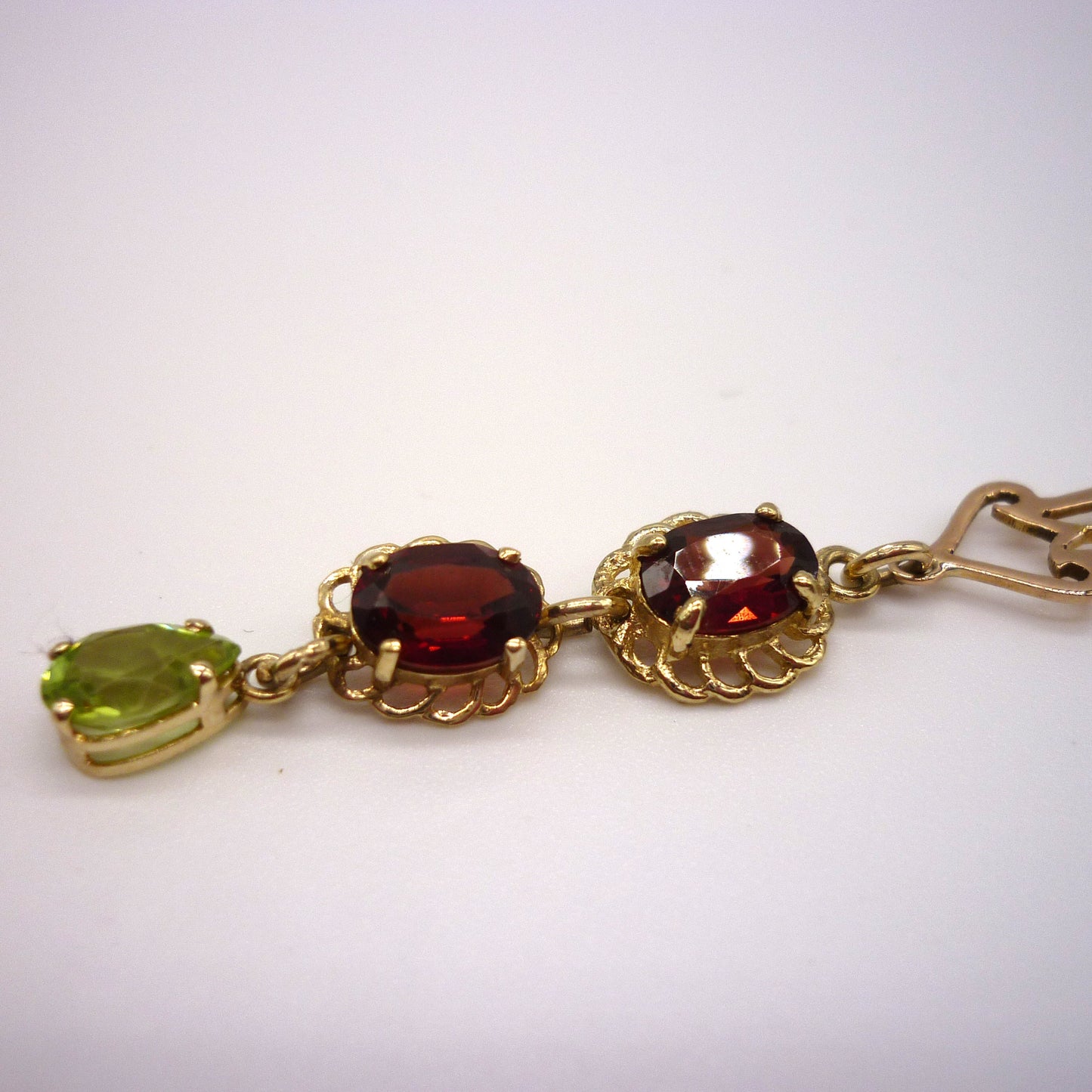 Antique Lavalier Pendant set with Garnets & Peridots on a Long Gold Belcher Chain