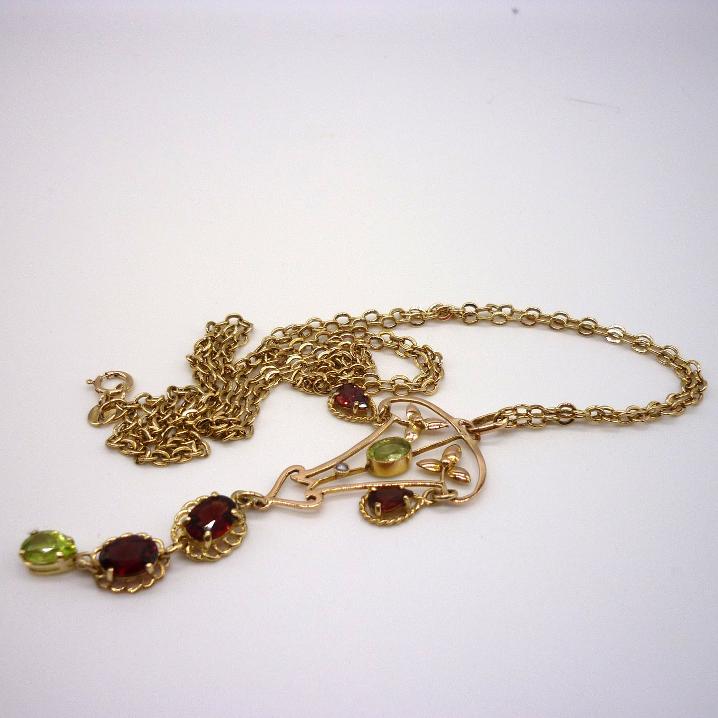 Antique Lavalier Pendant set with Garnets & Peridots on a Long Gold Belcher Chain