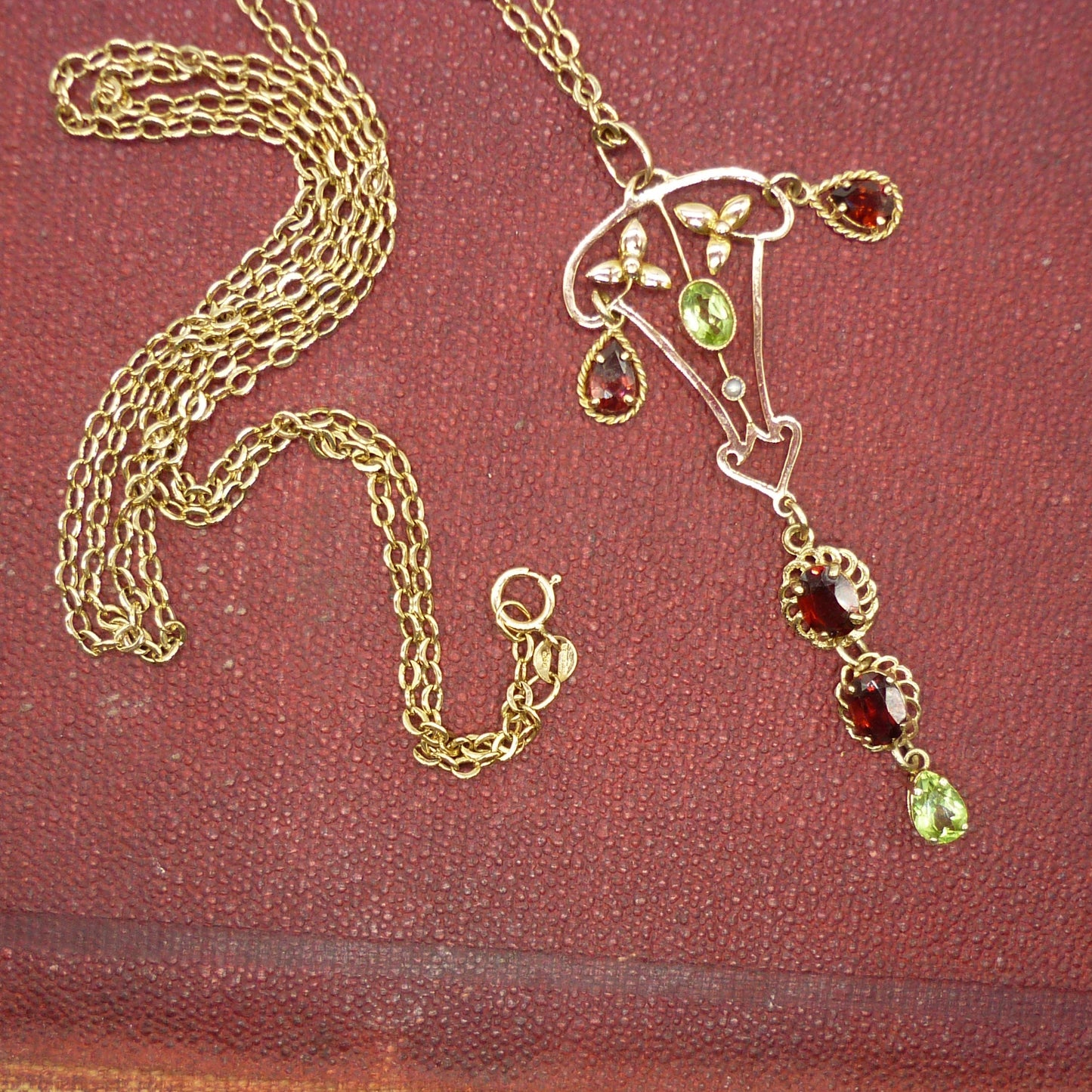 Antique Lavalier Pendant set with Garnets & Peridots on a Long Gold Belcher Chain