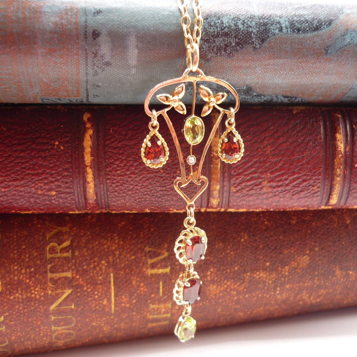 Antique Lavalier Pendant set with Garnets & Peridots on a Long Gold Belcher Chain