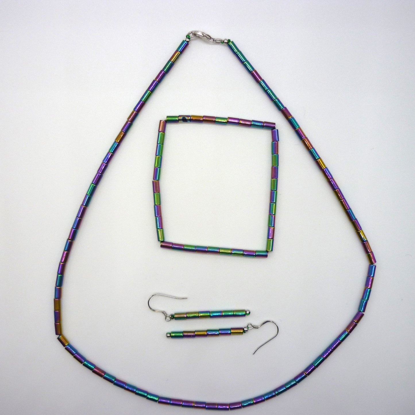 Multicoloured Strand Necklace, Earring & Bracelet Set, Long Thin Shiny Beads, Rainbow Jewellery For Woman