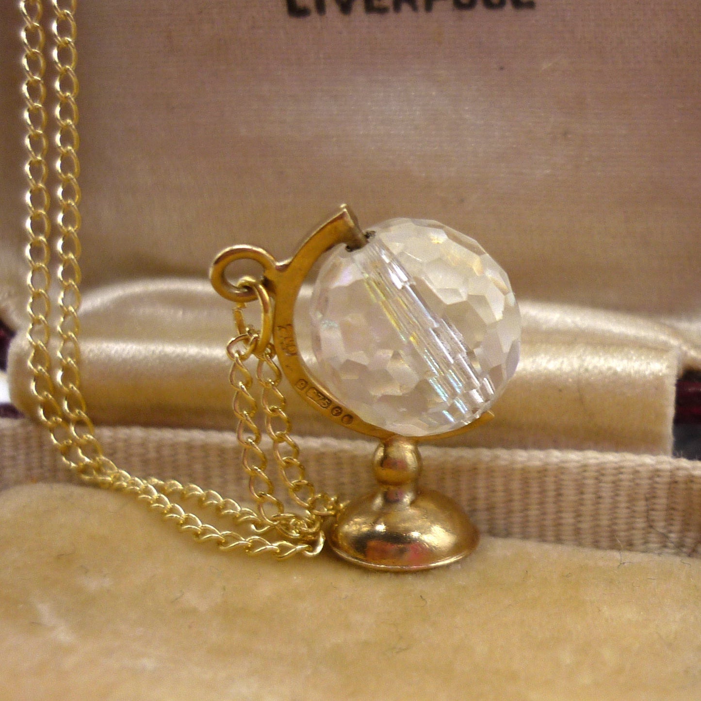 Vintage 9ct Gold Globe Necklace: Aurora Borealis Crystal Bead, 1971 London