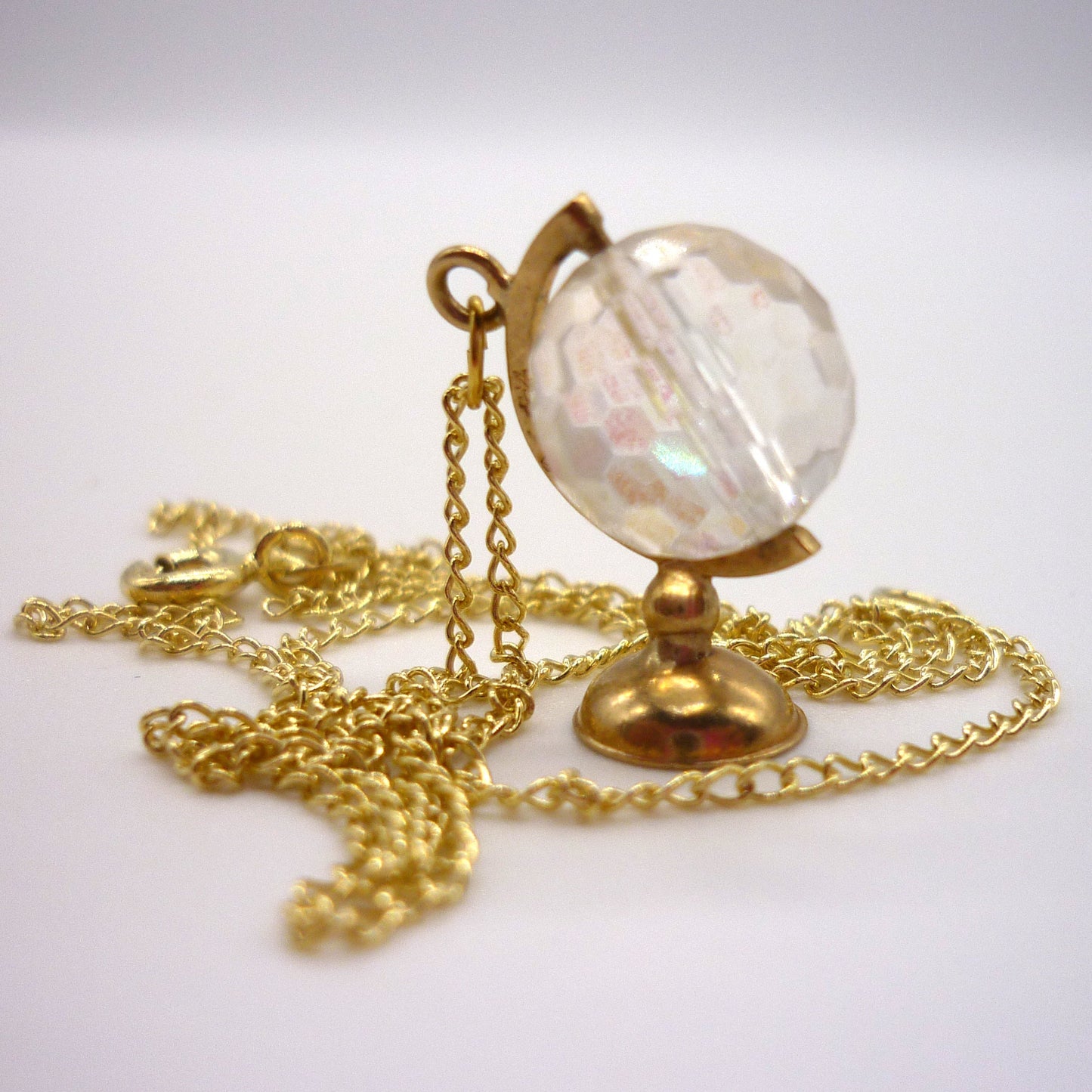 Vintage 9ct Gold Globe Necklace: Aurora Borealis Crystal Bead, 1971 London