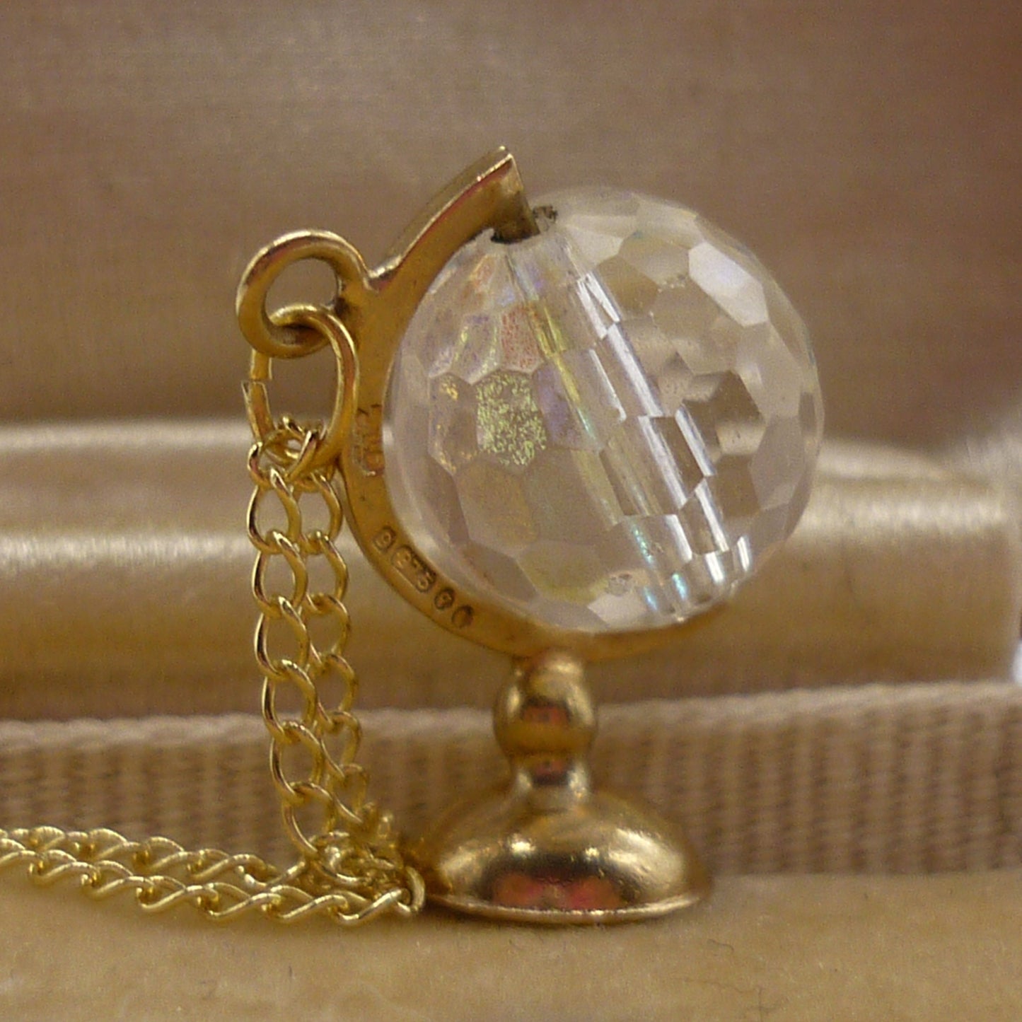 Vintage 9ct Gold Globe Necklace: Aurora Borealis Crystal Bead, 1971 London
