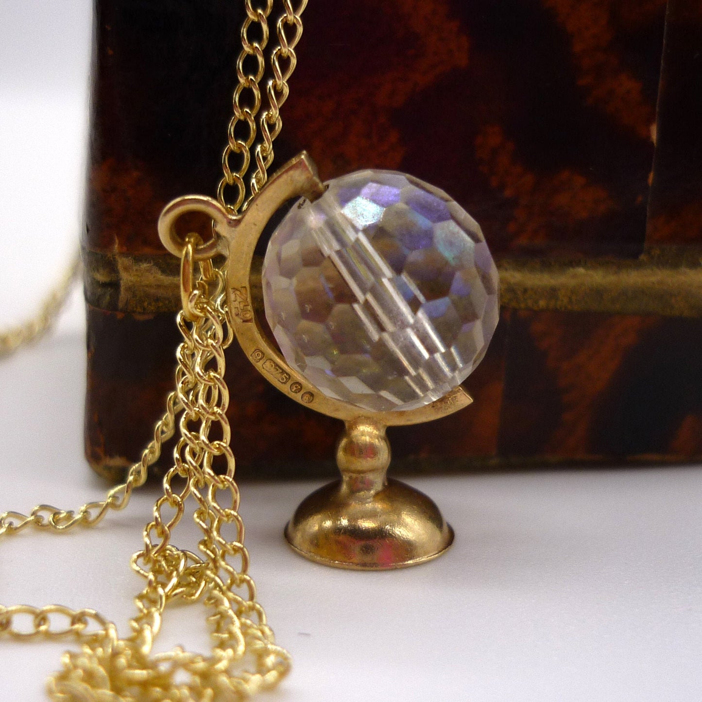 Vintage 9ct Gold Globe Necklace: Aurora Borealis Crystal Bead, 1971 London