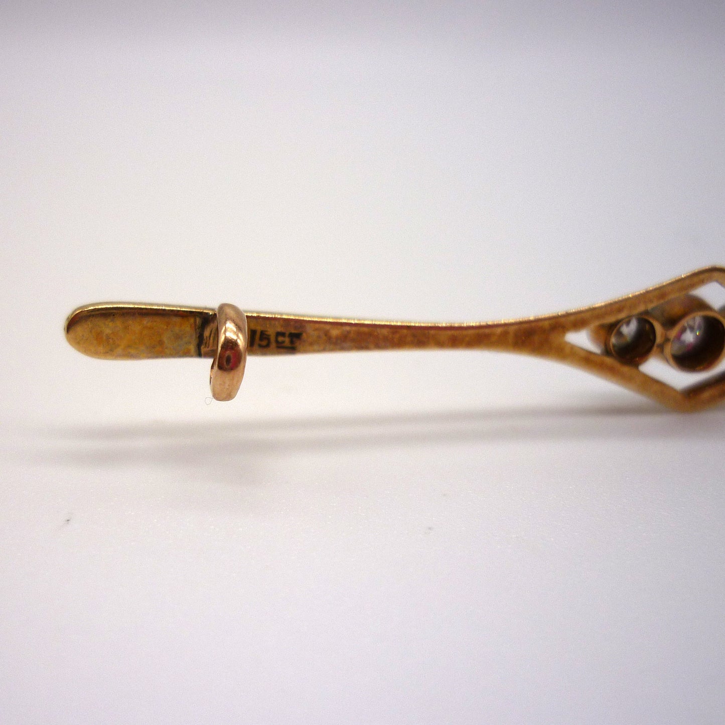 Antique 15ct Gold Bar Brooch with 3 Old Cut Diamonds