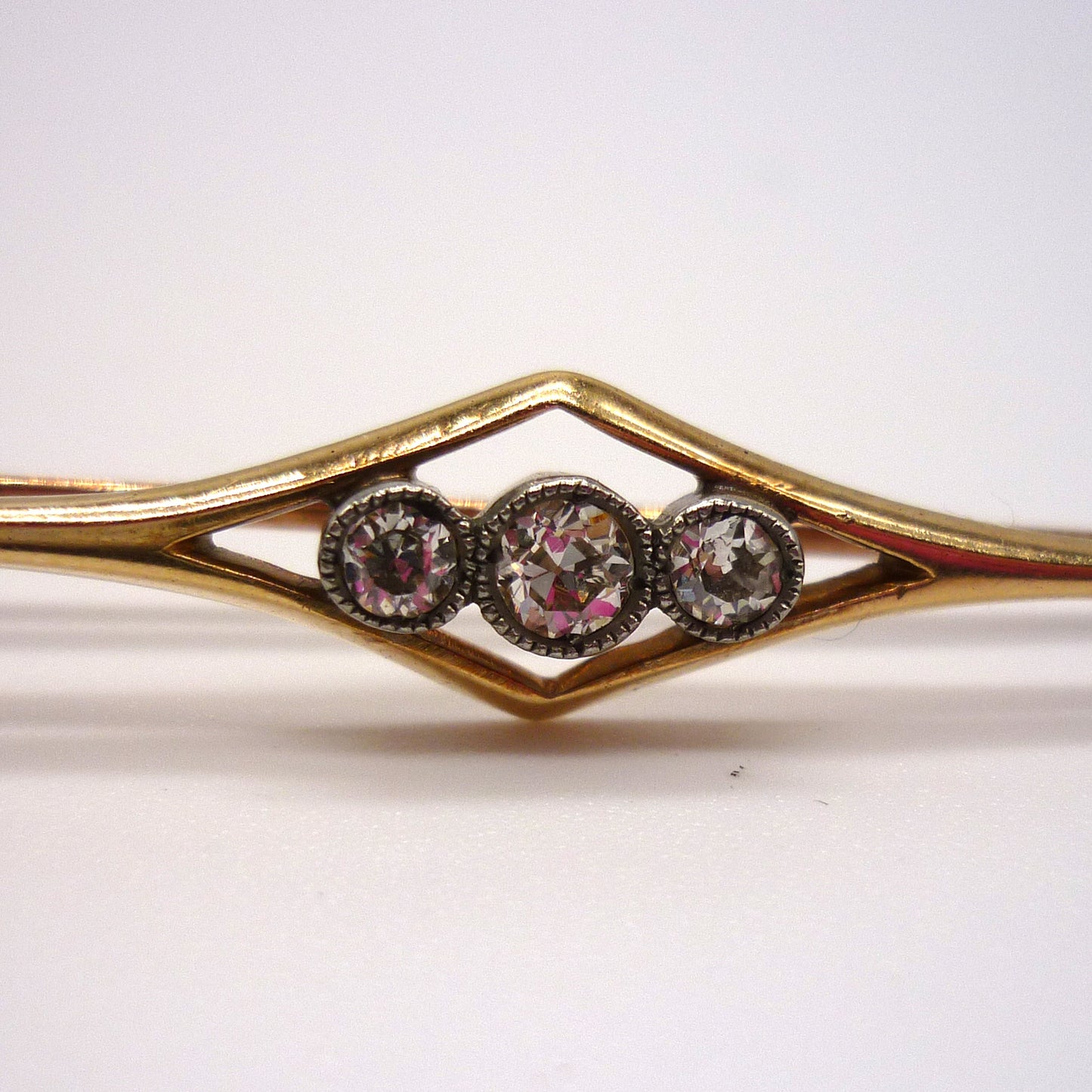 Antique 15ct Gold Bar Brooch with 3 Old Cut Diamonds