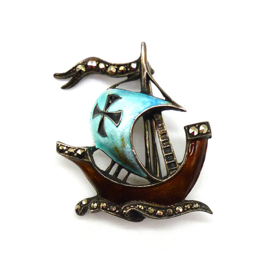 Enamel Viking Ship Brooch, Vintage Marcasite Pin