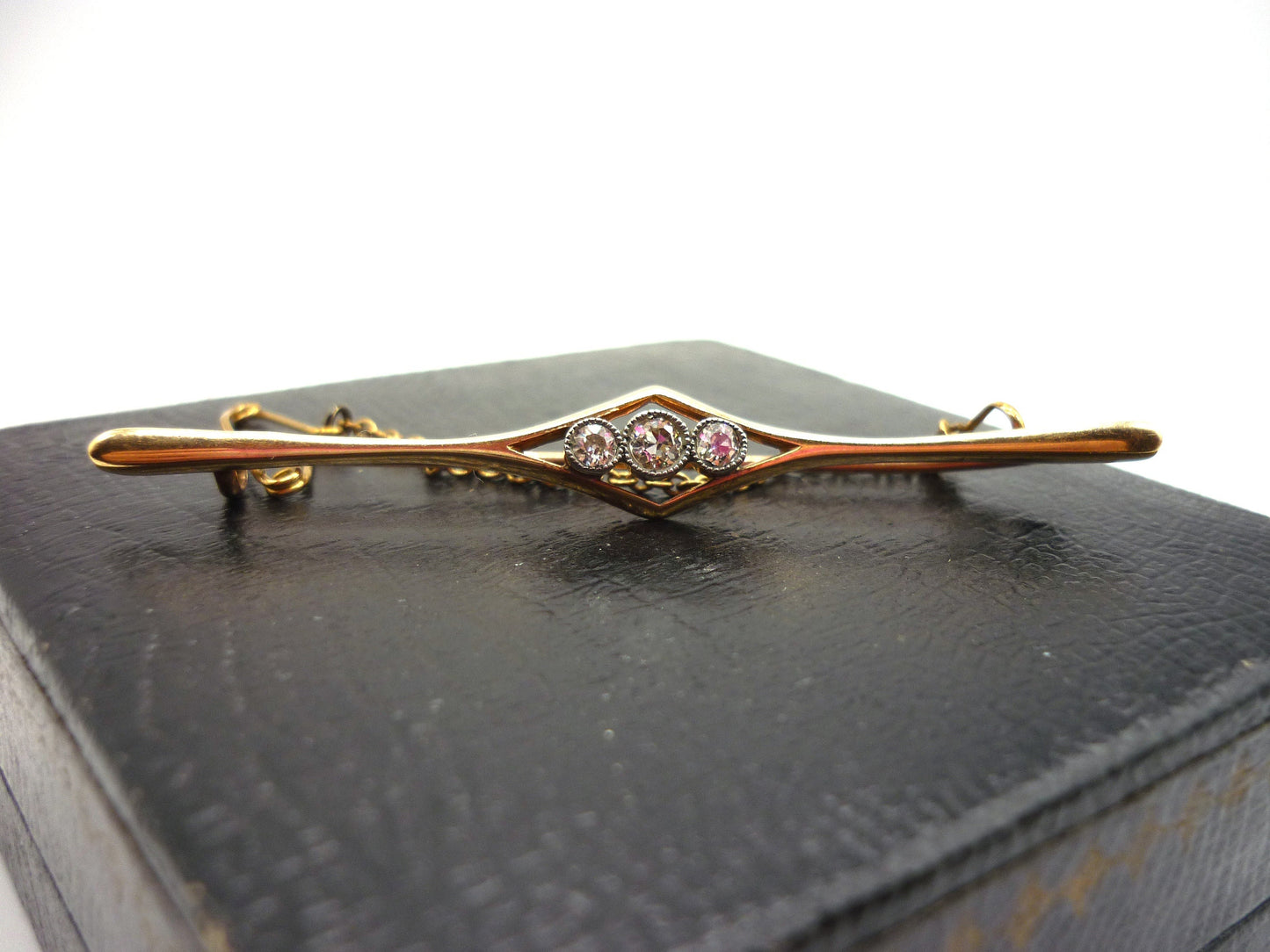 Antique 15ct Gold Bar Brooch with 3 Old Cut Diamonds
