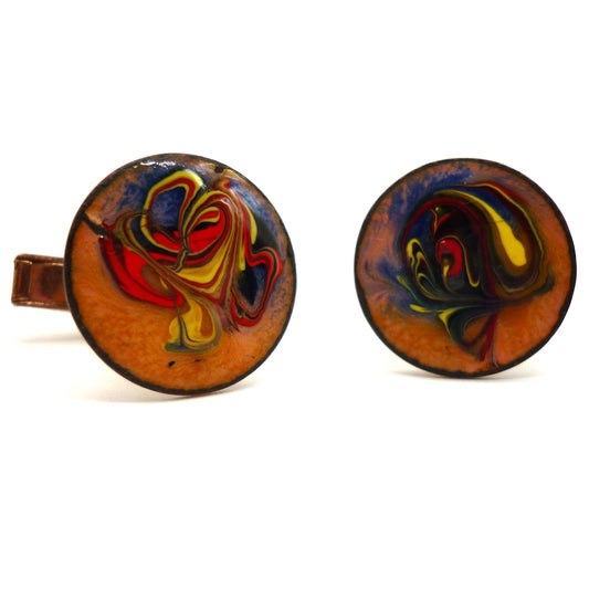 Vintage Enamel on Copper Cufflinks, Acrylic Pour, Rainbow Abstract Swirl