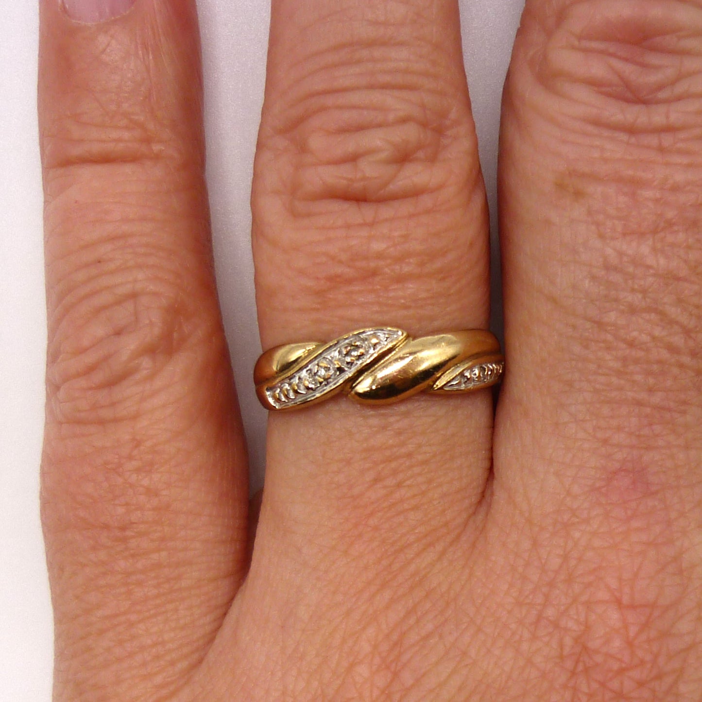 Yellow & White Gold Illusion Set Diamond Crossover Ring Size 6
