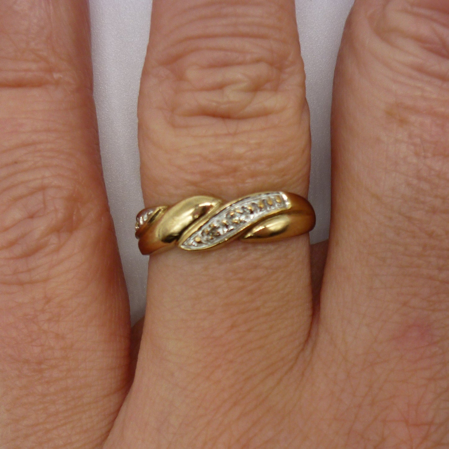 Yellow & White Gold Illusion Set Diamond Crossover Ring Size 6